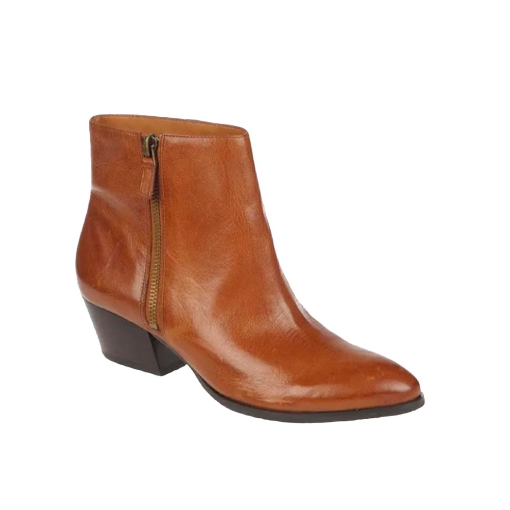Franco Sarto Quiet Cognac Brown Leather Bootie High Shaft Low Heel Side Zip 8.5